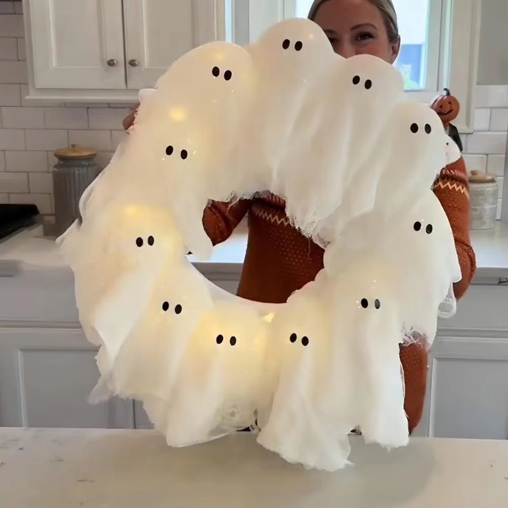 Get Spooked with Our Glowing Ghost Wreath: The Ultimate Halloween Door Decor for Frightening Fun!