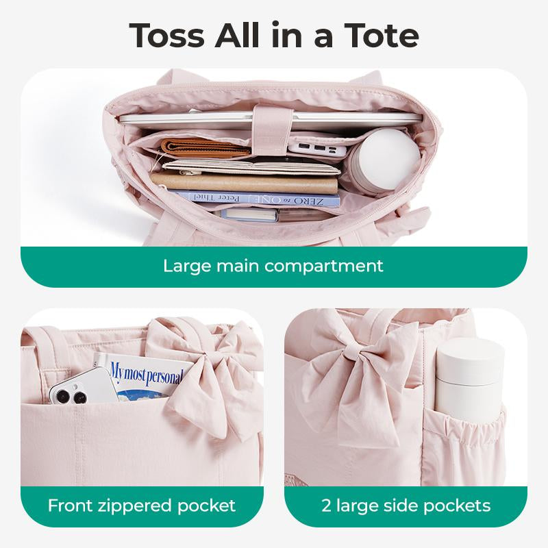 【NEW IN】BAGSMART Crush Bow Compact Tote Bag for Women-13"Laptop Friendly Lightweight Puffy Handbag with Cute Bow & Multiple Compartments for Travel Work Beach Gym Tiktokshopfalldealsforyou