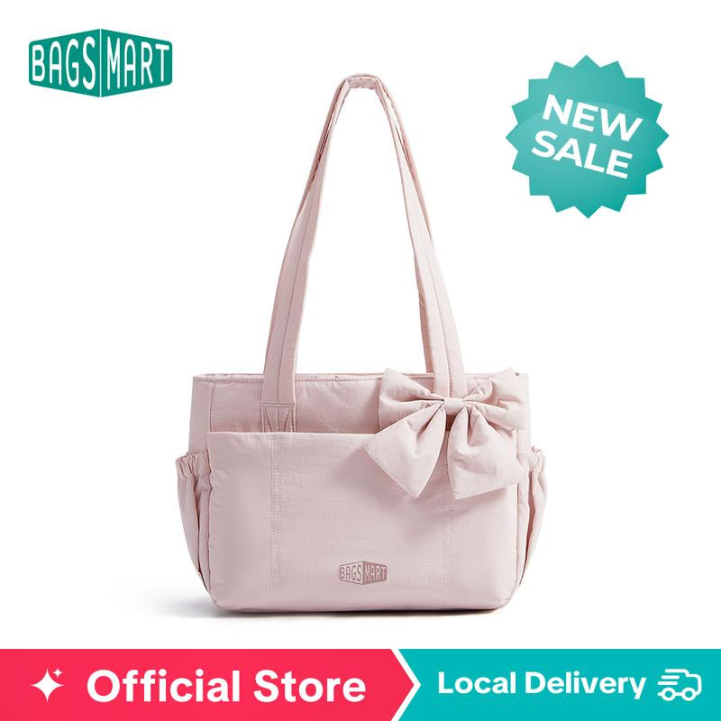 【NEW IN】BAGSMART Crush Bow Compact Tote Bag for Women-13"Laptop Friendly Lightweight Puffy Handbag with Cute Bow & Multiple Compartments for Travel Work Beach Gym Tiktokshopfalldealsforyou