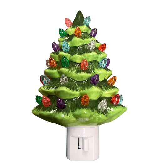 Charming Vintage Green Ceramic Christmas Tree Night Light - Hand-Painted Wall Plug-In Decor for a Cozy Atmosphere