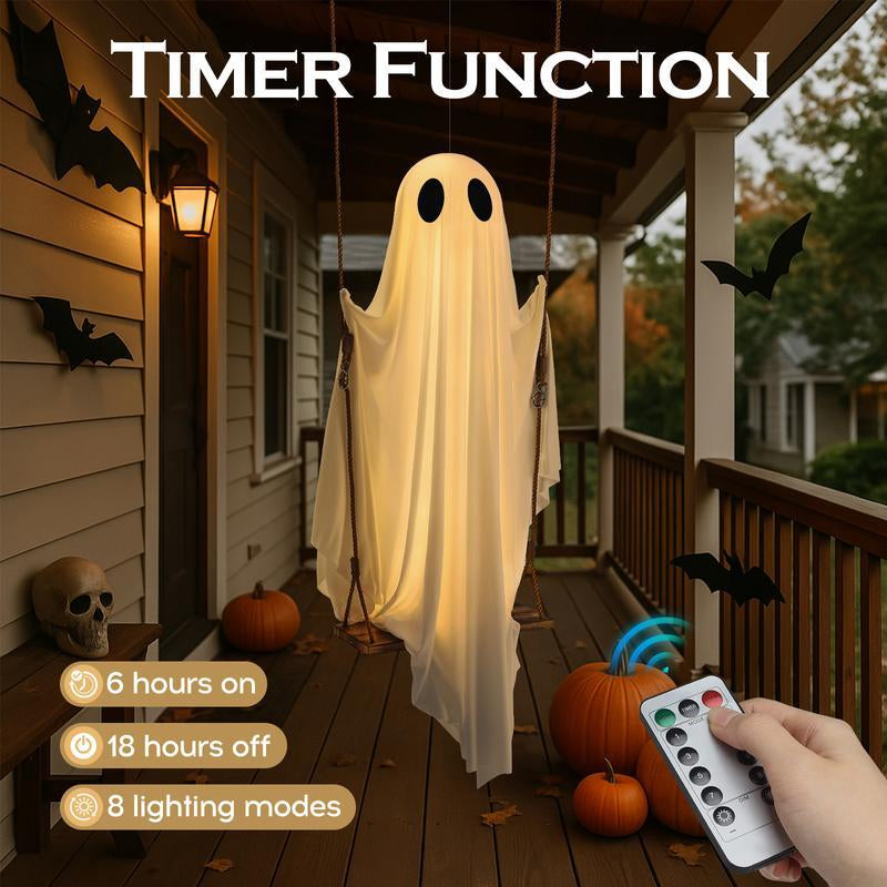 Get Spooked with Our 5FT Ghost Swing: The Ultimate Halloween Party Buddy with Remote-Controlled Lights!