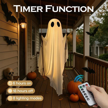 Get Spooked with Our 5FT Ghost Swing: The Ultimate Halloween Party Buddy with Remote-Controlled Lights!